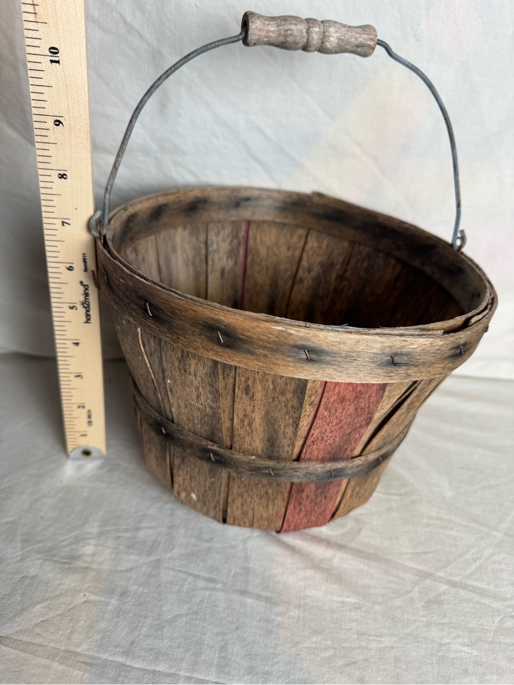 Primitive Rustic Wooden Splint Basket Red Accent Wire Handle Farmhouse Decor